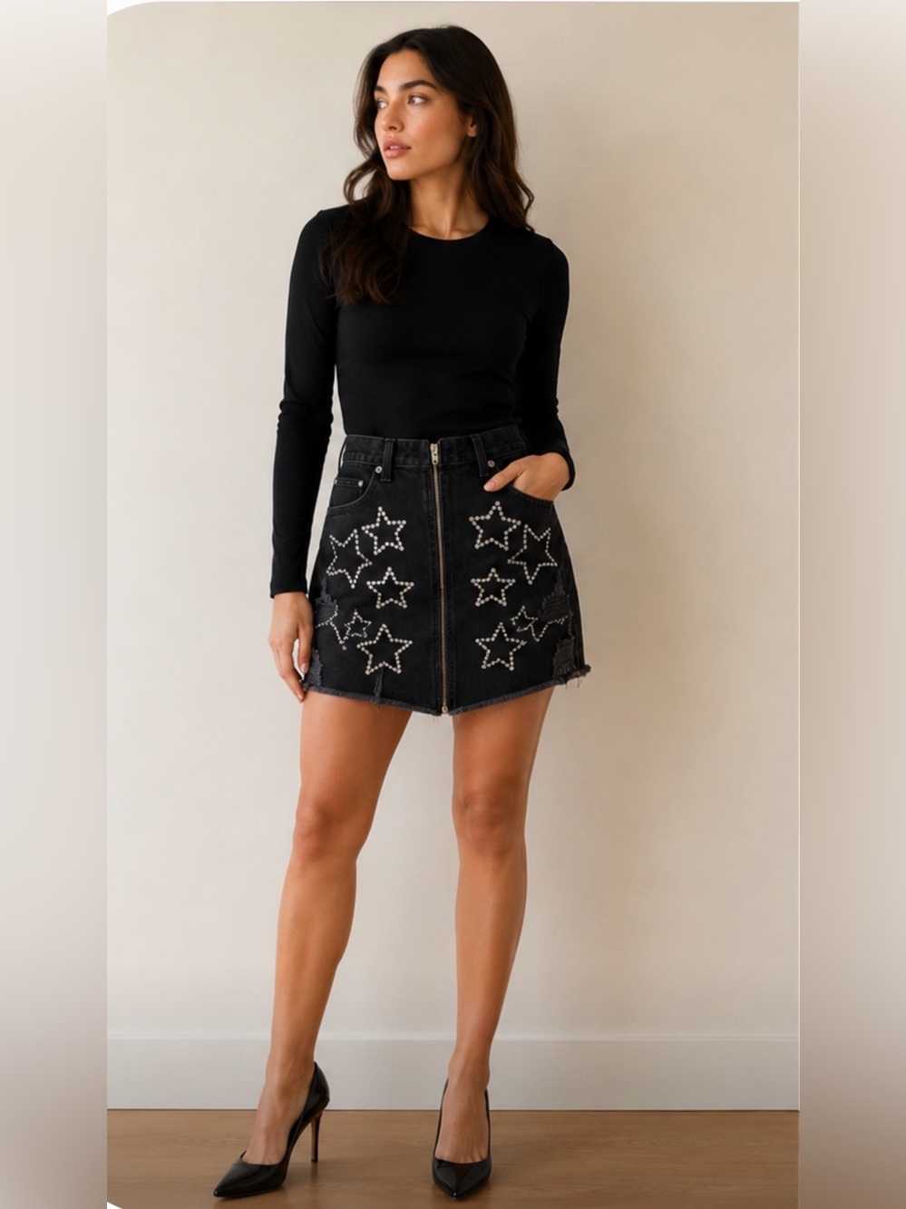Carmar Denim Beatrice Rhinestone Star Mini Skirt Washed Black Sz 29 Zip Front